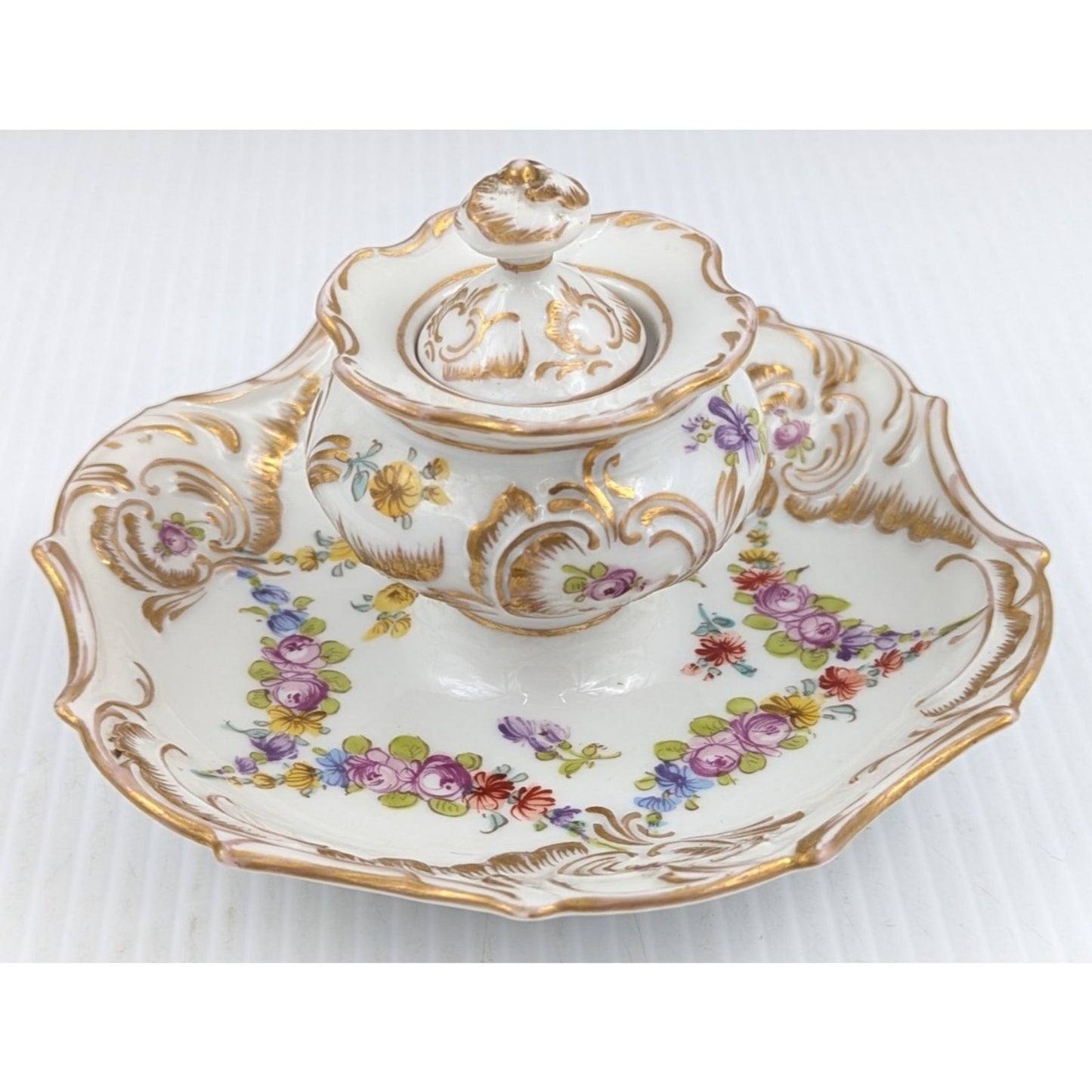 Hand Painted Porcelain Inkwell Floral Gilded With Lid Dresden (?)