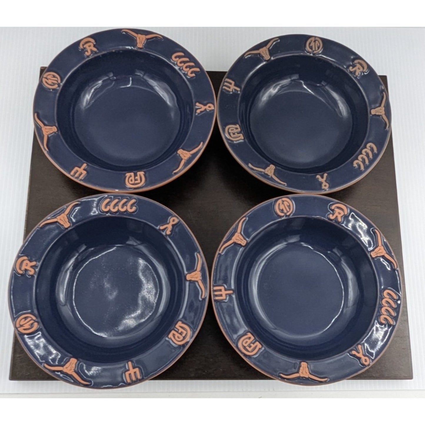 Frankoma Pottery Ranch Navy Blue Rim Soup Bowl set of 4 Cattle Brands 7-3/4"