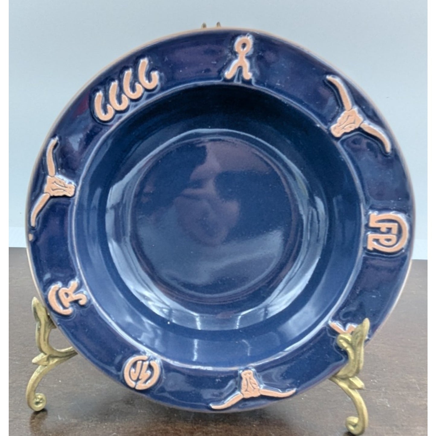Frankoma Pottery Ranch Navy Blue Rim Soup Bowl set of 4 Cattle Brands 7-3/4"