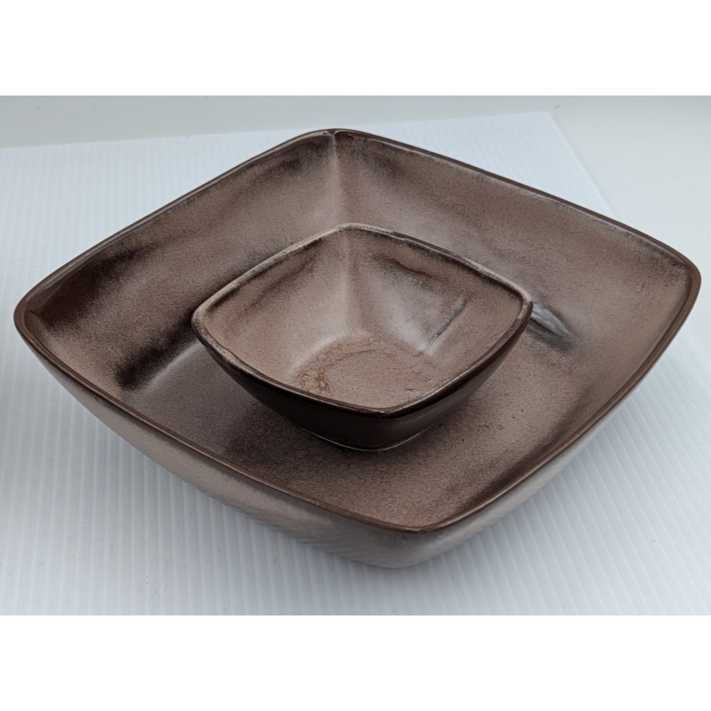 Frankoma Pottery Plainsman Brown Chip and Dip Platter and Square Salad Bowl 5NS
