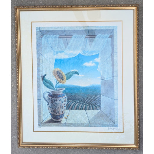 Dina Farris Appel Sunflower w Majolica Pitcher Lithograph 2005 with COA Framed