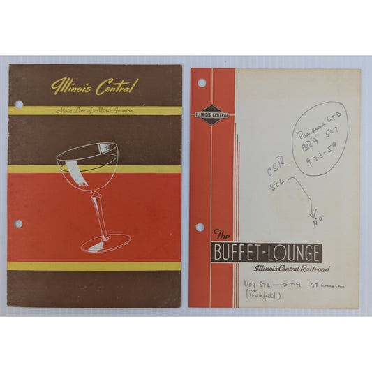 Illinois Central Railroad Beverage Bar & The Buffet-Lounge Menu Lot of 2