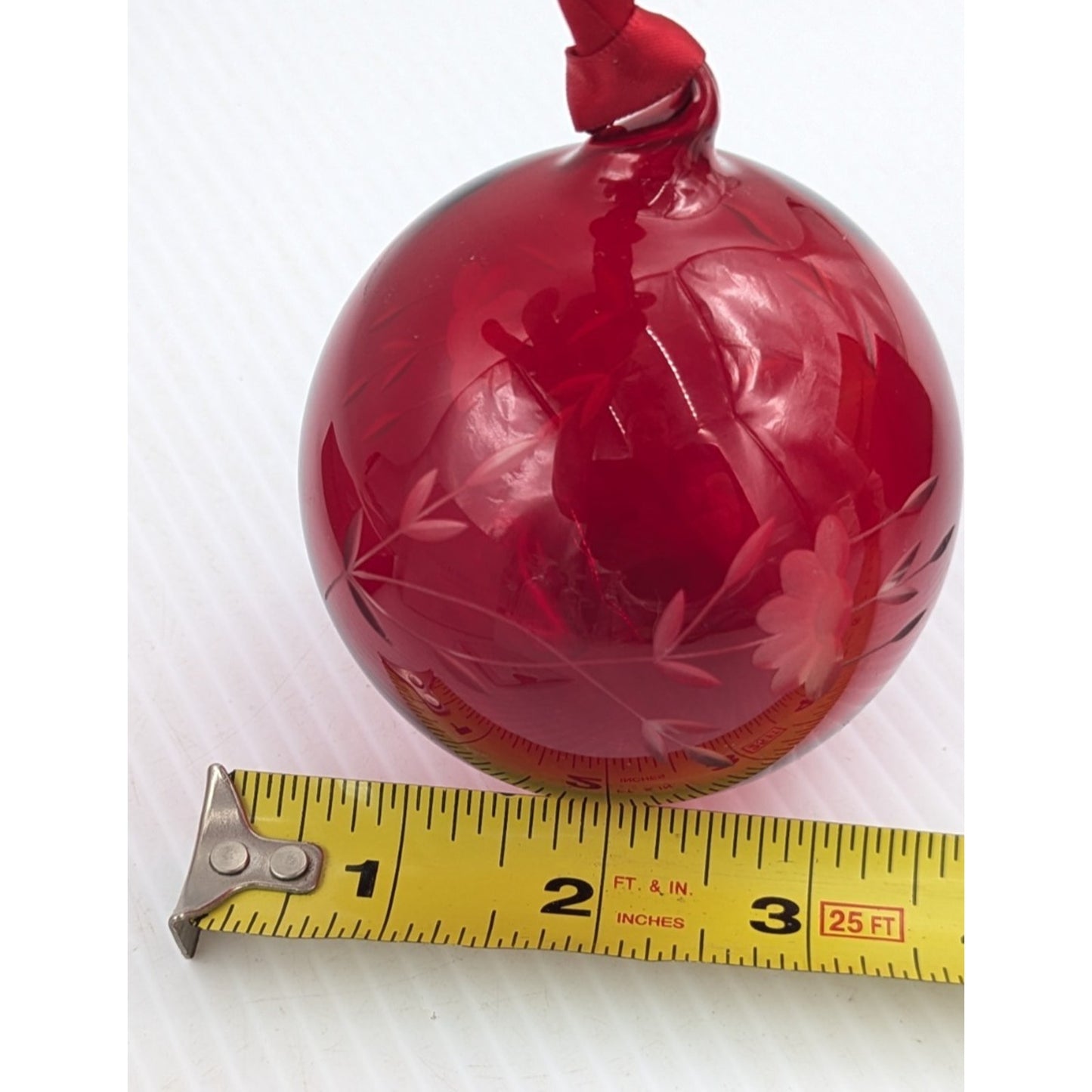 Princess House Heritage Red Hand Blown Etched Floral Crystal Glass Ornament