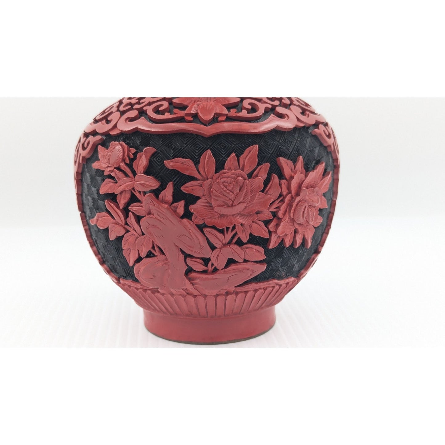 Vintage Chinese Cinnabar Lacquered Vase Red Black 8" Brass & Blue Enamel