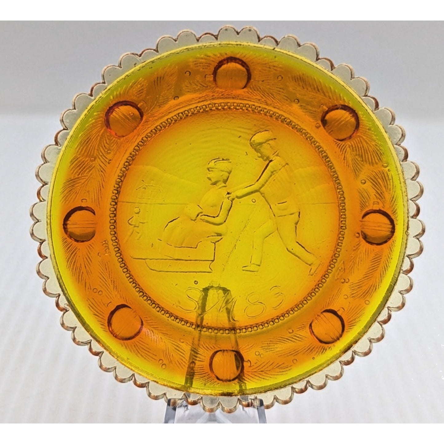The Sandwich Skaters Glass Window Decor Pairpoint Cup Plate Marigold Amber VTG