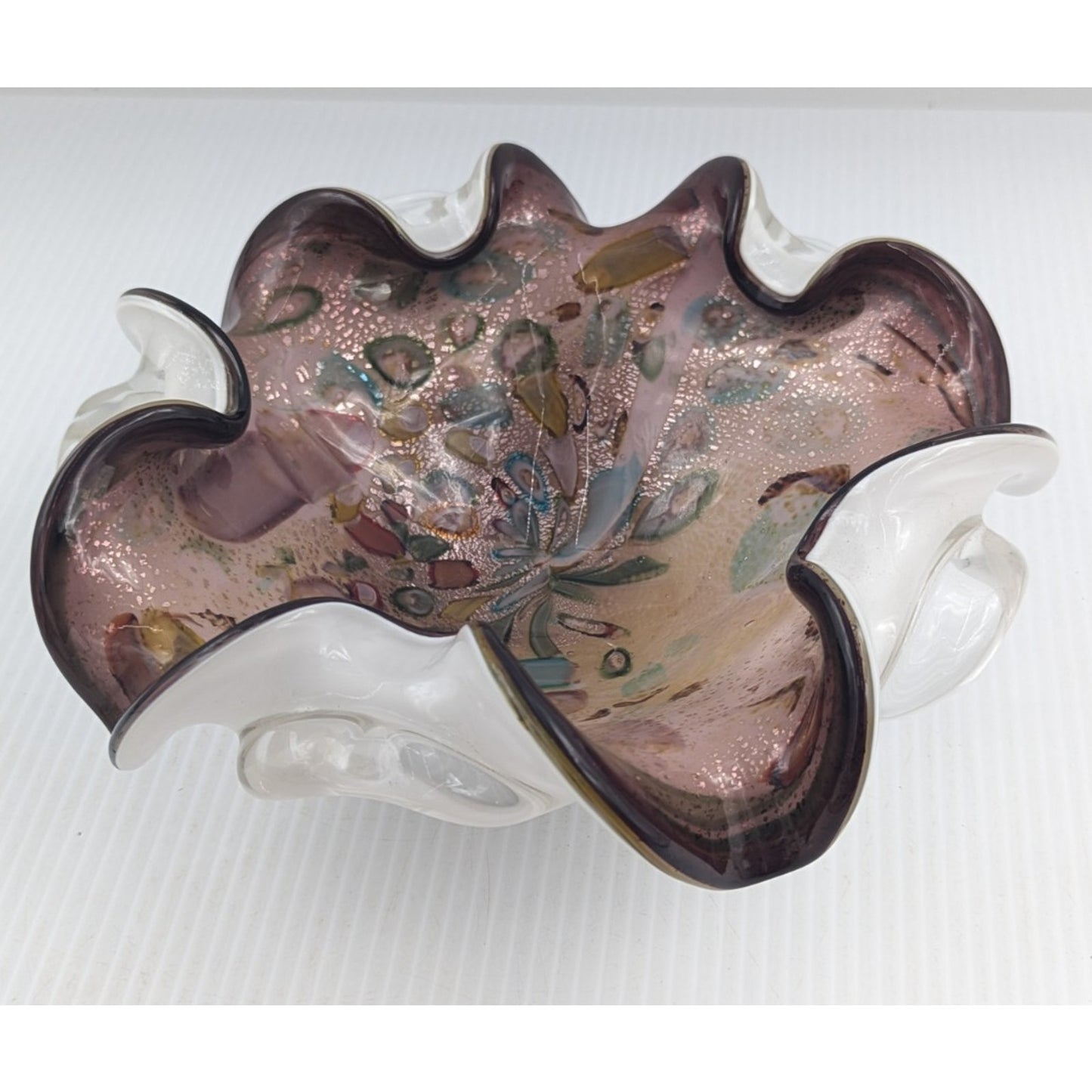 Vintage Hand Blown Murano Tutti Frutti Cased Glass Bowl Ruffled 9"