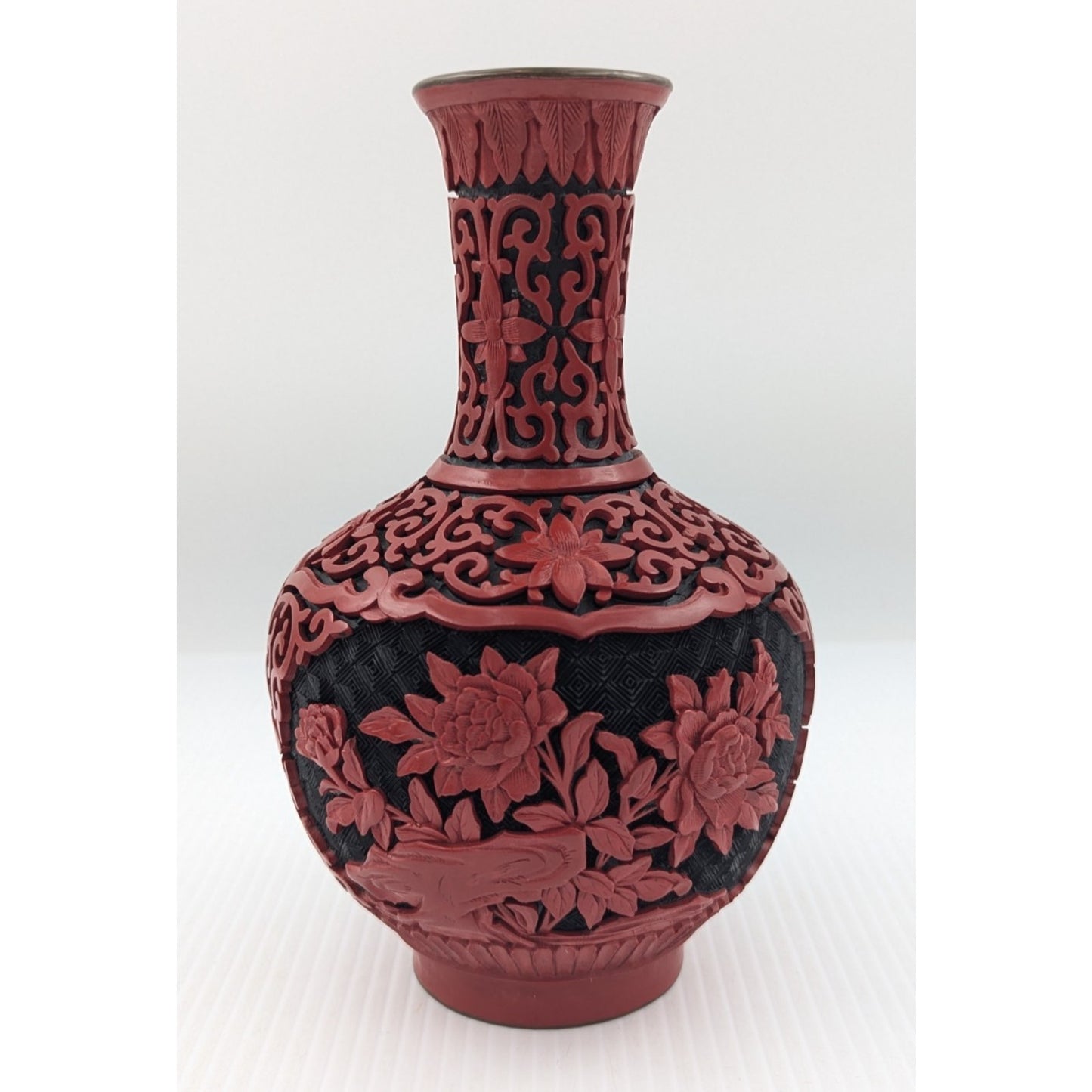 Vintage Chinese Cinnabar Lacquered Vase Red Black 8" Brass & Blue Enamel