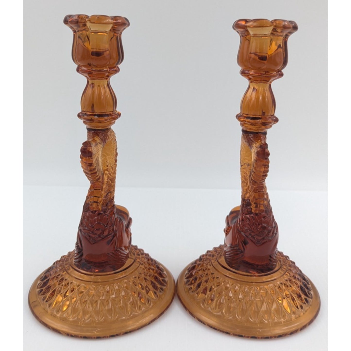 Pair Cambridge Glass Dolphin Candlesticks 9.5” Amber Glass #109 Vintage