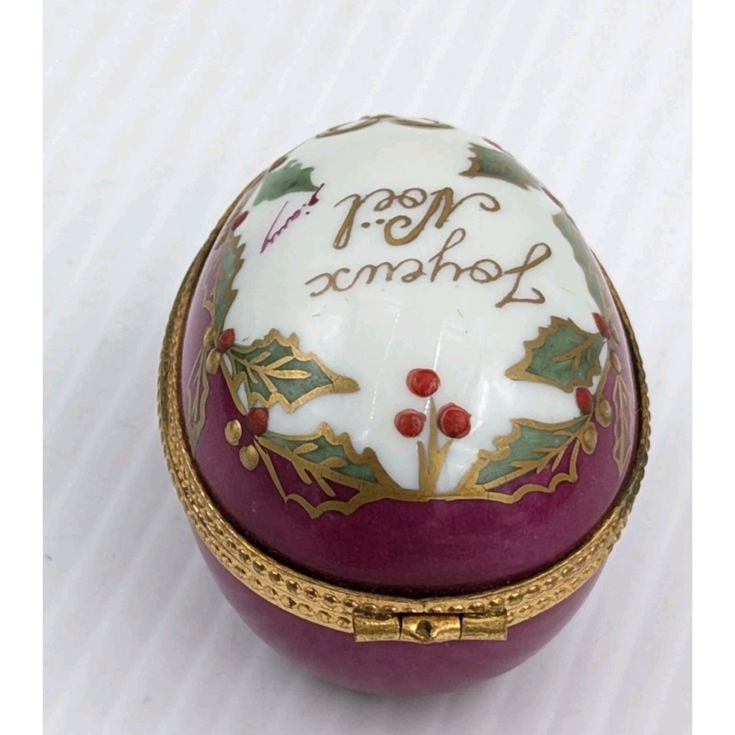 Limoges Joyeux Noel Christmas Trinket Box Egg Hand Painted Holly France 2.5"