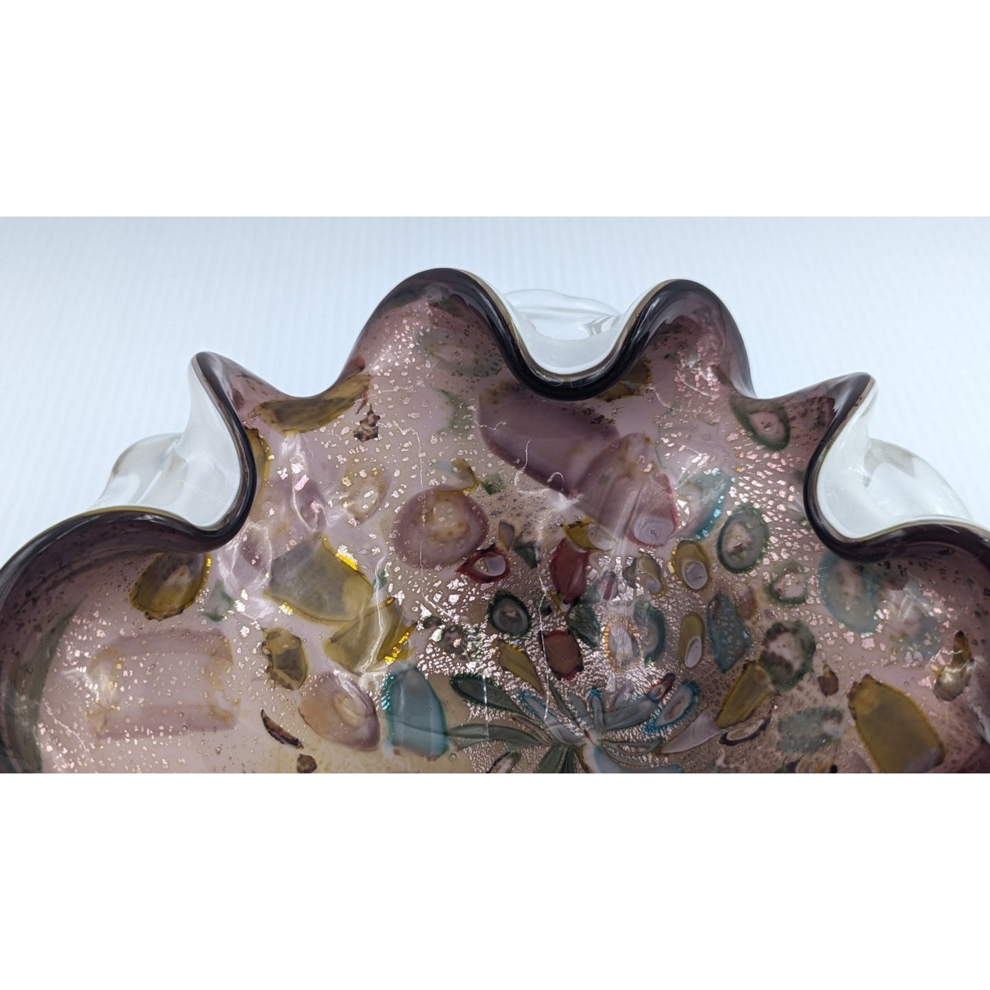 Vintage Hand Blown Murano Tutti Frutti Cased Glass Bowl Ruffled 9"