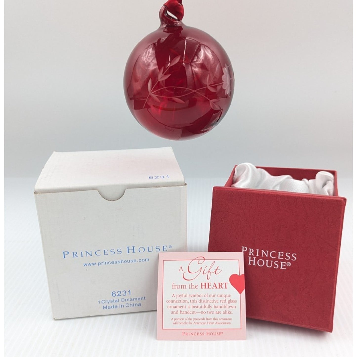 Princess House Heritage Red Hand Blown Etched Floral Crystal Glass Ornament