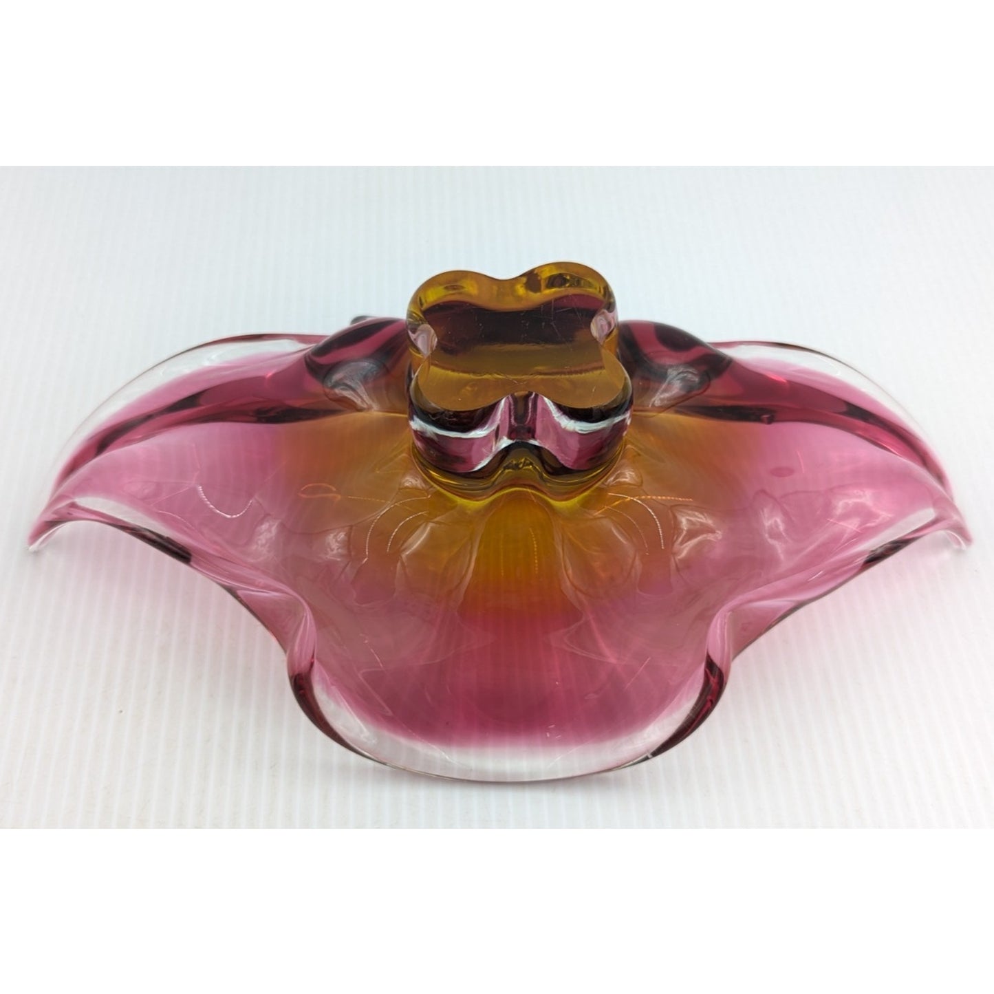 Bohemian Czech Chribska Glassworks Glass Bowl Pink Orange Incased in Clear 12"