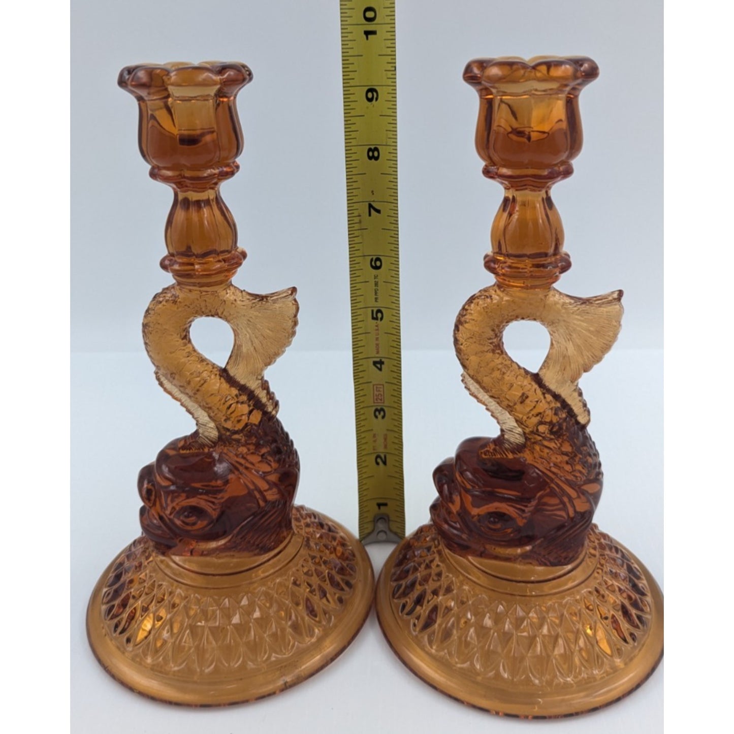 Pair Cambridge Glass Dolphin Candlesticks 9.5” Amber Glass #109 Vintage