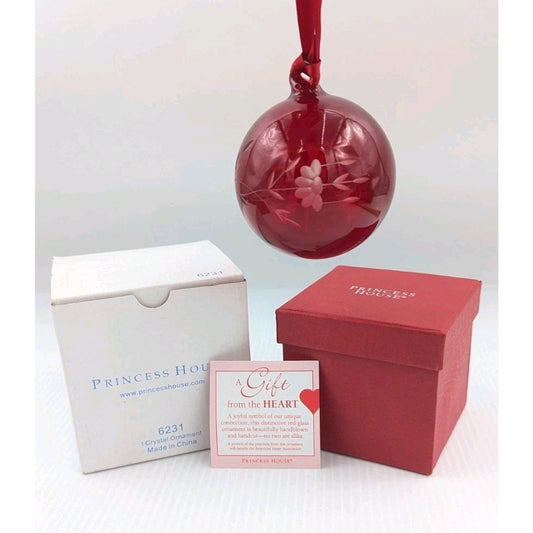 Princess House Heritage Red Hand Blown Etched Floral Crystal Glass Ornament