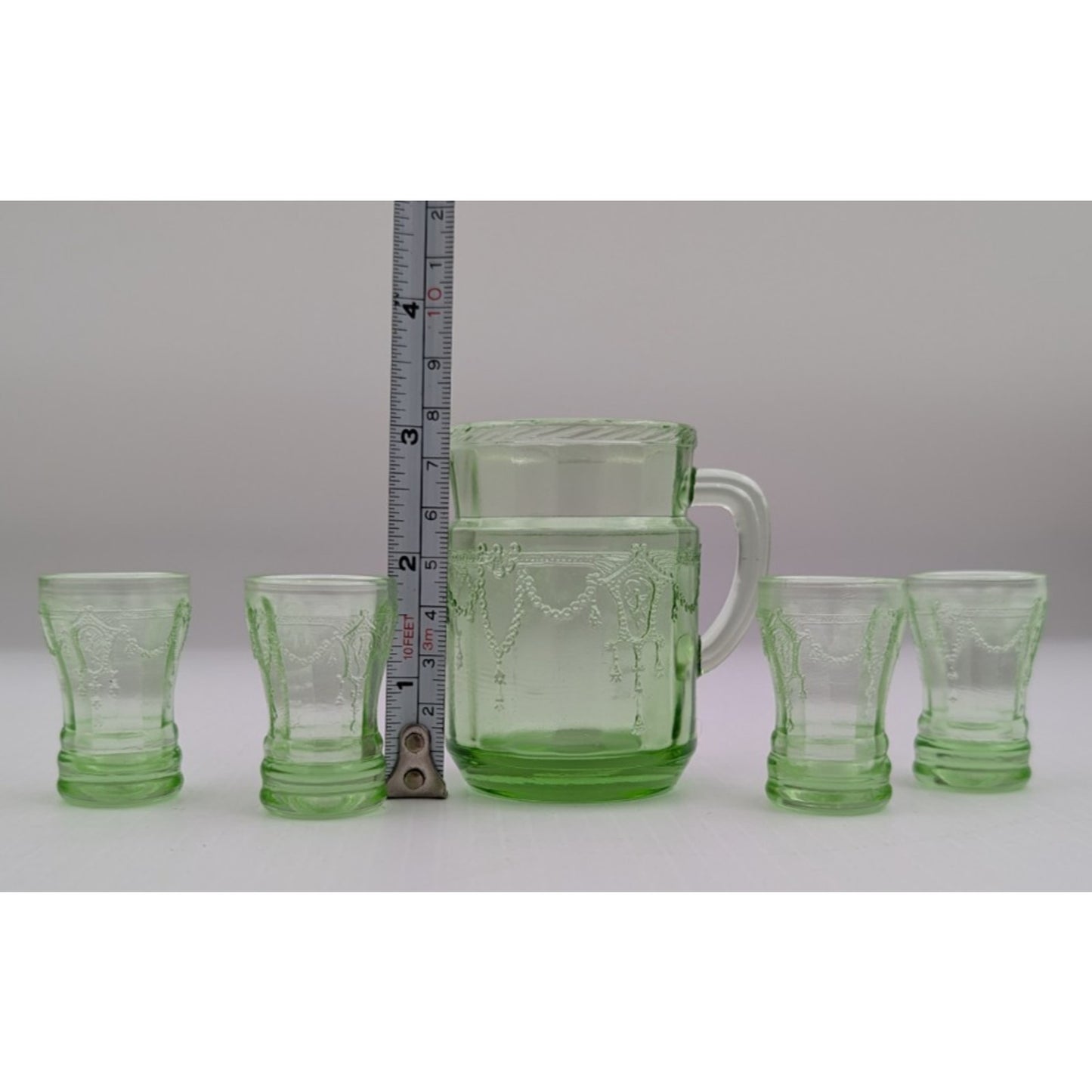 Vintage Mosser Green Glass Miniature Jennifer Set #11 - Pitcher and 4 Glasses