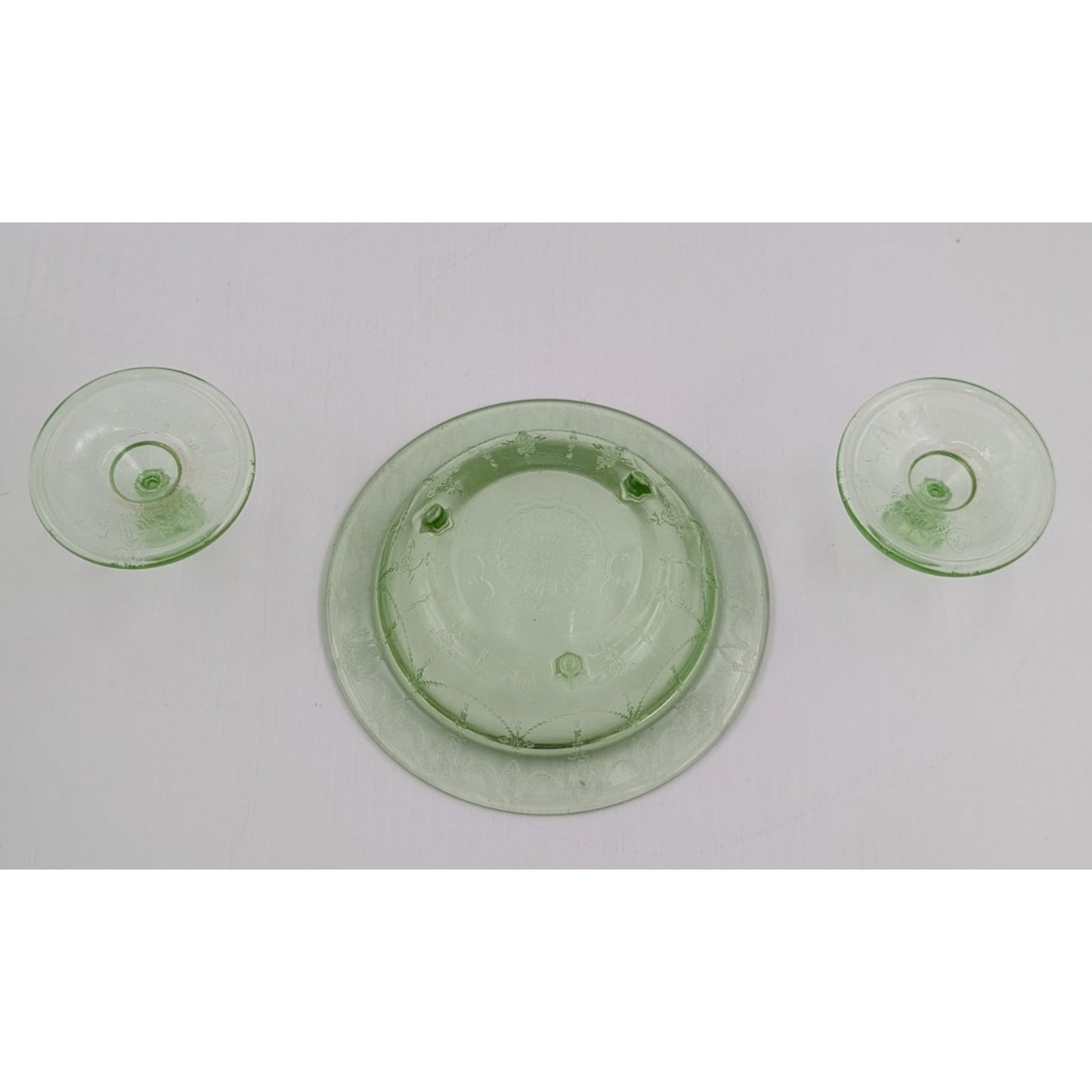 Vintage Mosser Green Glass Miniature Jennifer Set #6 - Bowl and Candlesticks