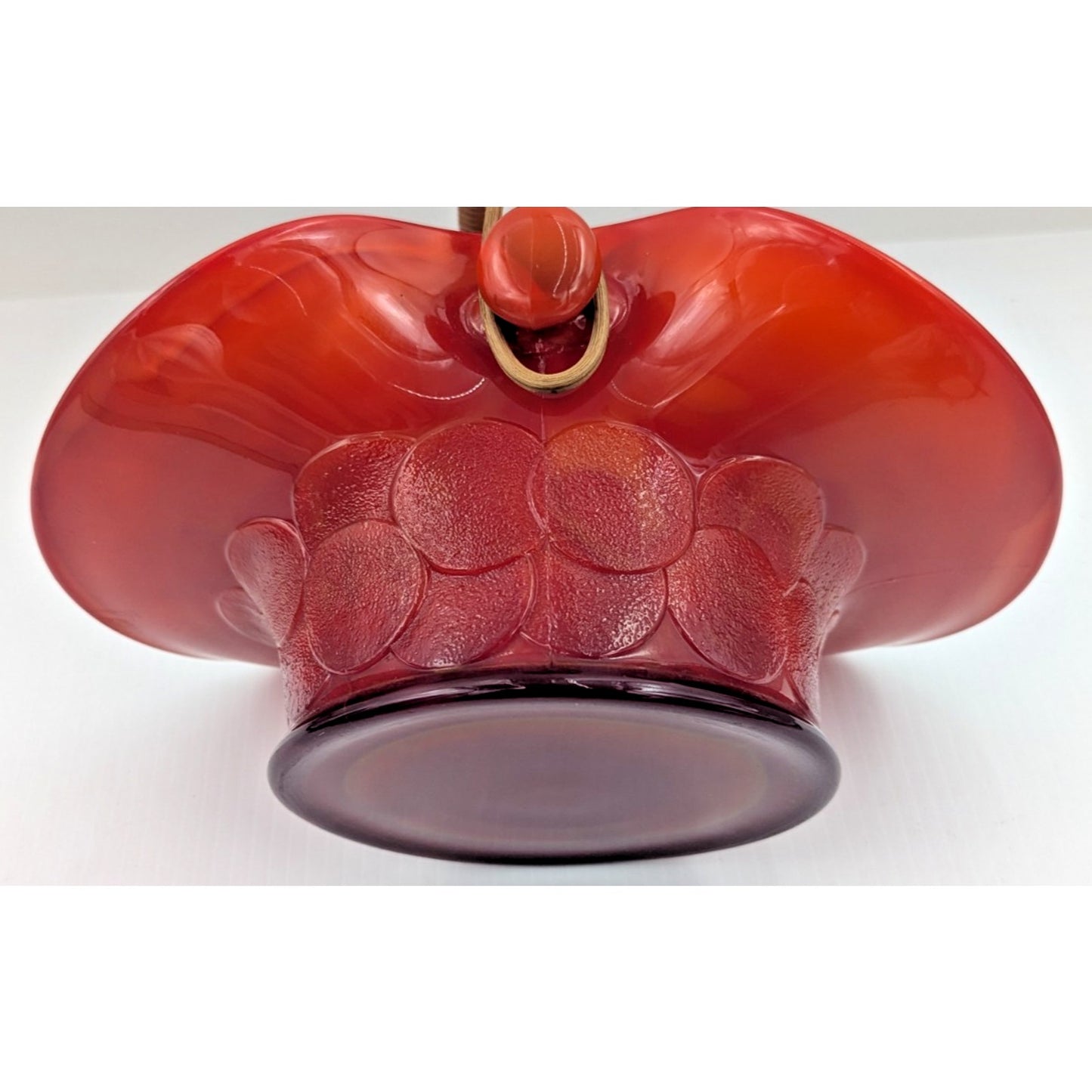 Fenton Big Cookies Basket Mandarin Red Orange Slag Glass w/ Weaved Handle 1930's
