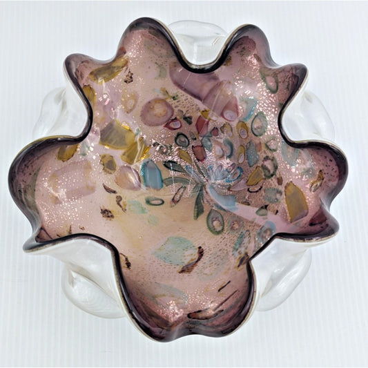 Vintage Hand Blown Murano Tutti Frutti Cased Glass Bowl Ruffled 9"