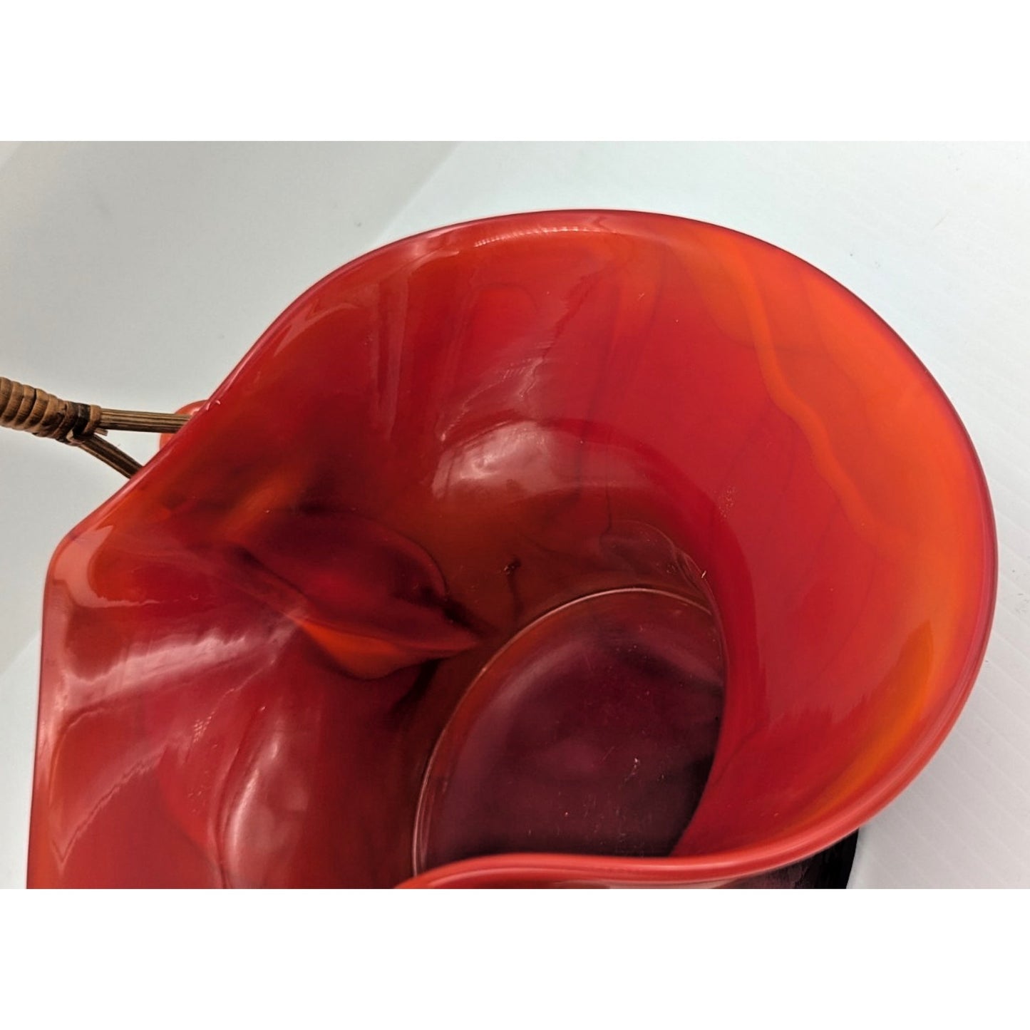 Fenton Big Cookies Basket Mandarin Red Orange Slag Glass w/ Weaved Handle 1930's