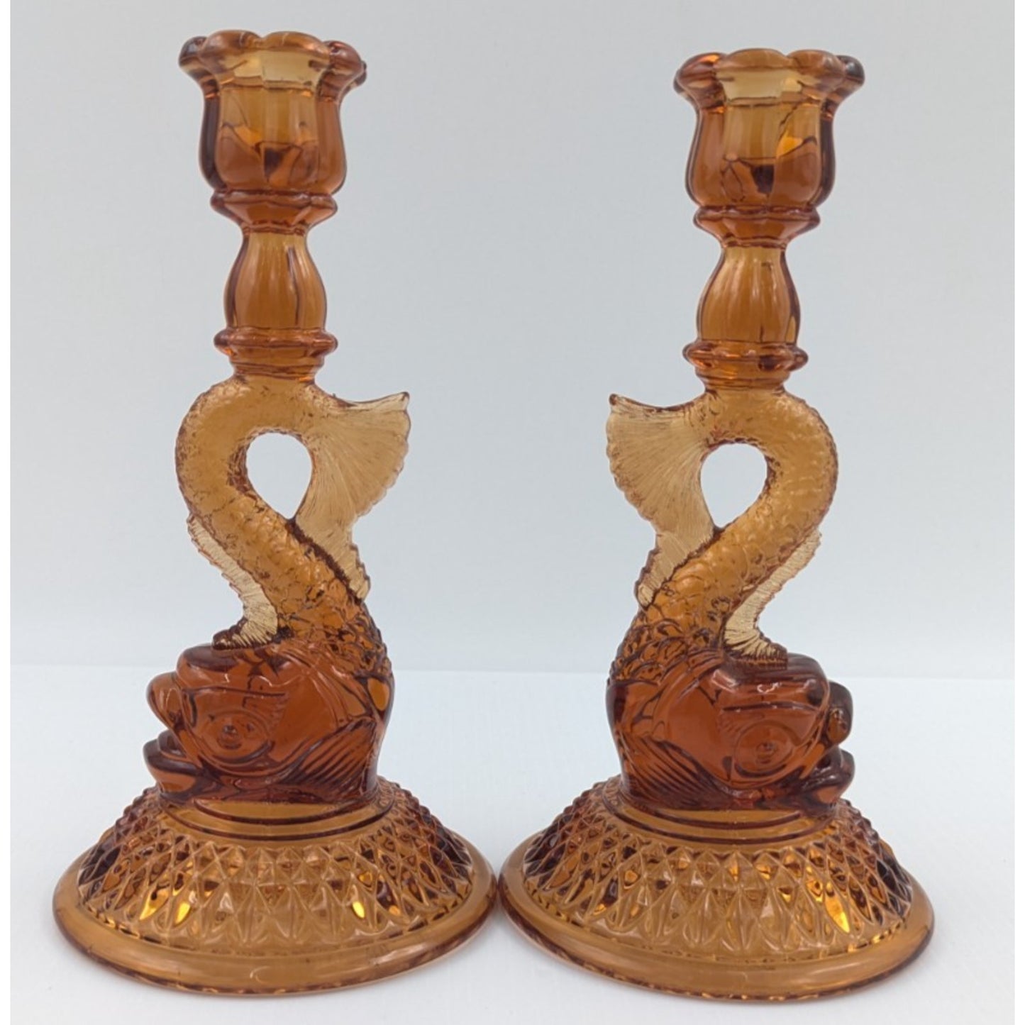 Pair Cambridge Glass Dolphin Candlesticks 9.5” Amber Glass #109 Vintage