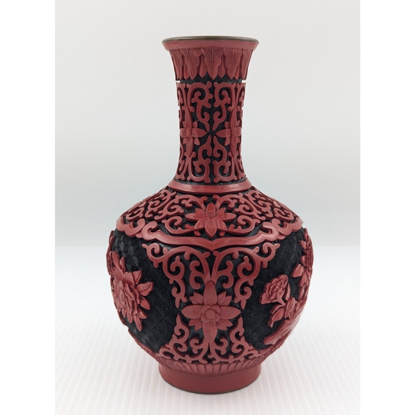 Vintage Chinese Cinnabar Lacquered Vase Red Black 8" Brass & Blue Enamel
