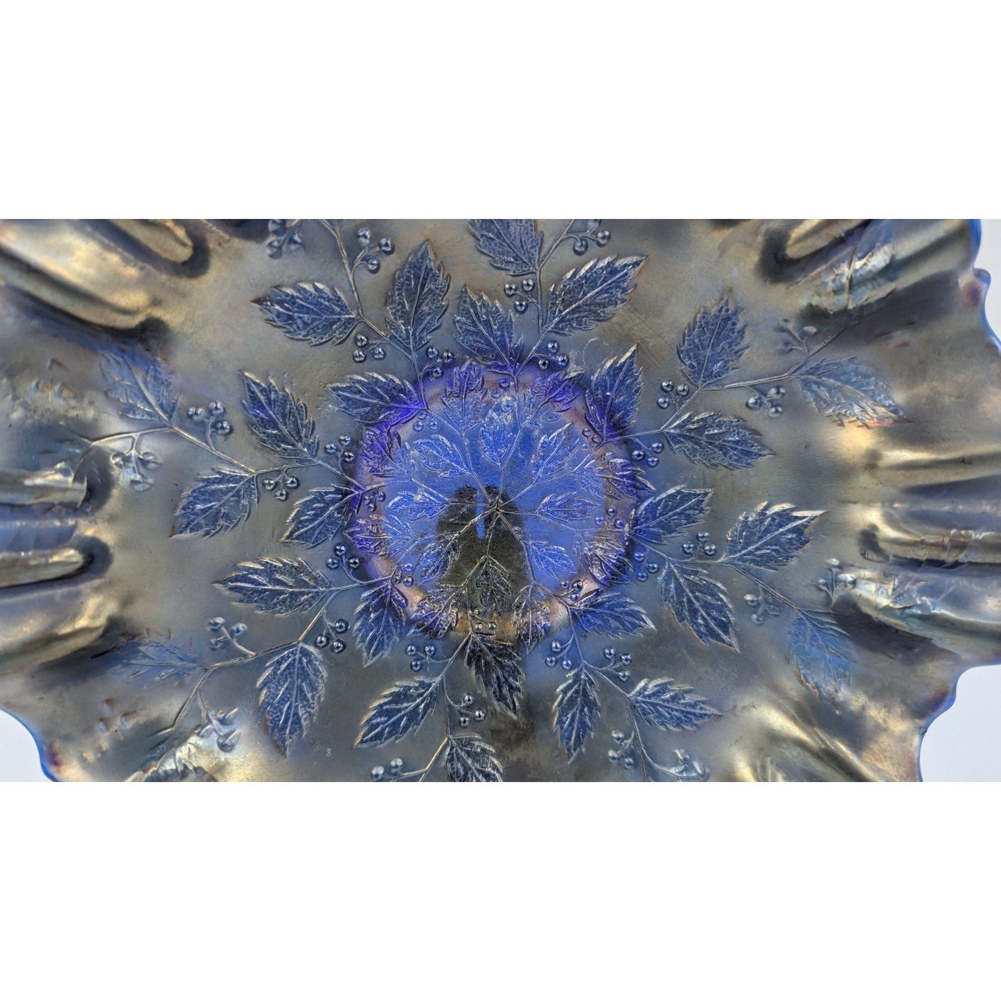 Fenton Carnival Glass Blue Holly Berries Bowl 9.5" Ruffled