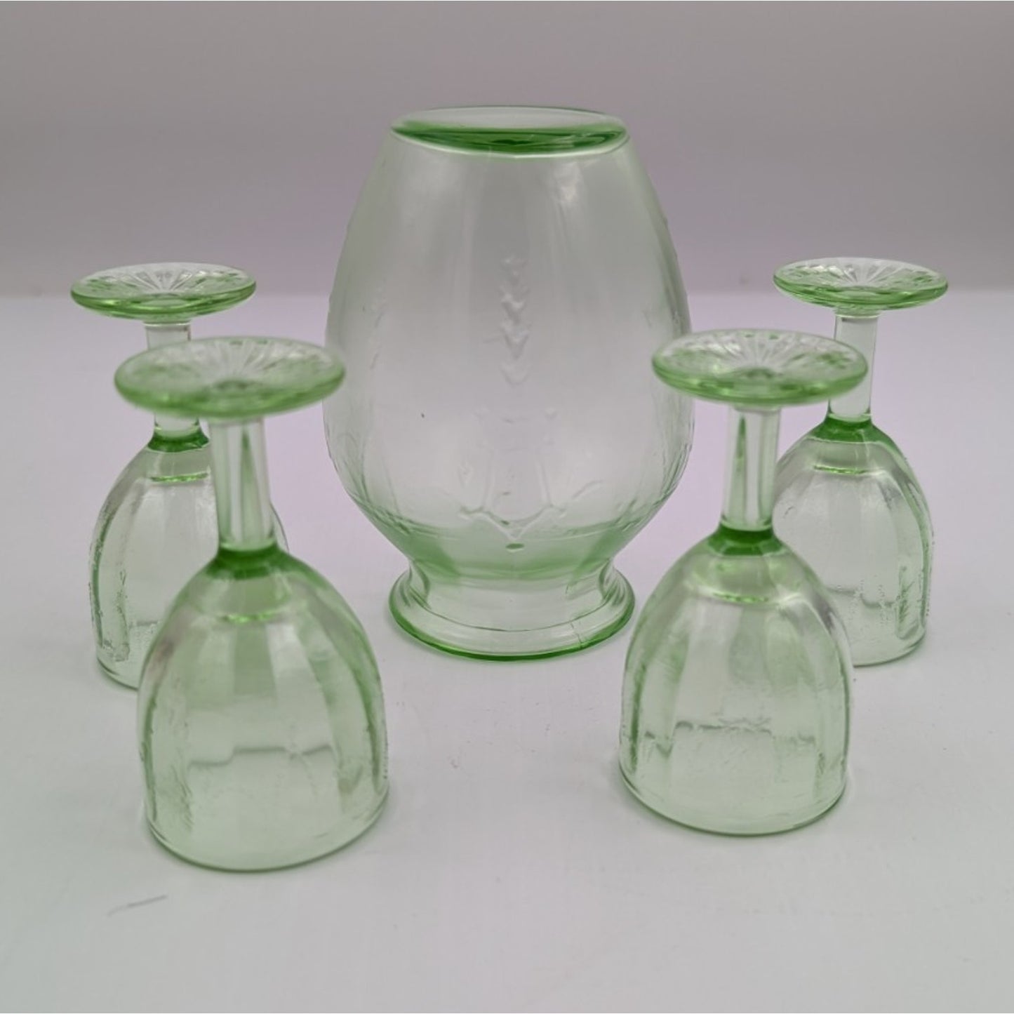 Vintage Mosser Green Glass Miniature Jennifer Set #8 - Vase and Stem Glasses