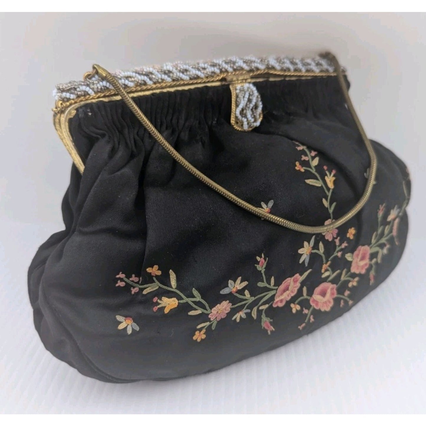 French Chunn Embroidered Evening Purse Handmade With Powder Compact As Is