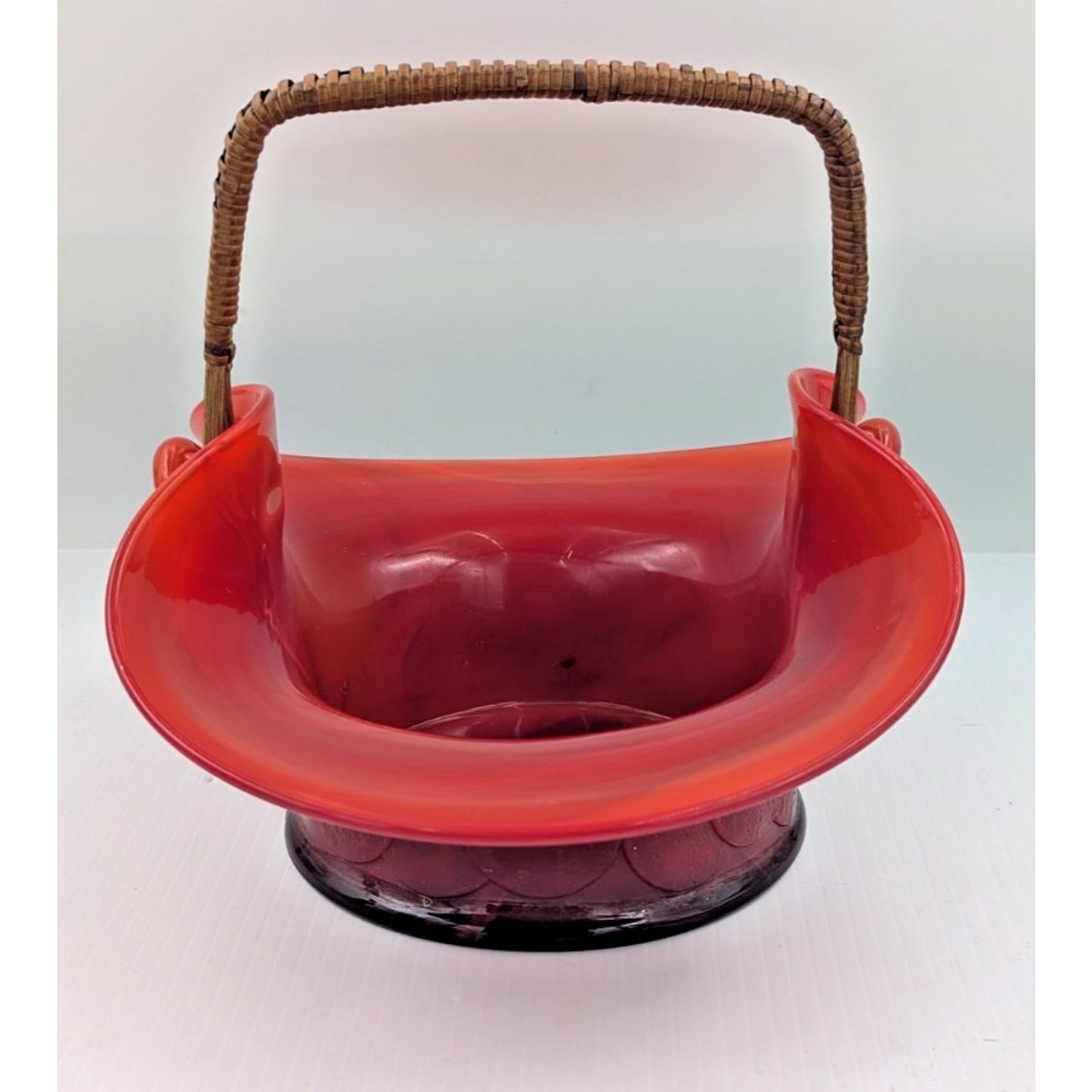Fenton Big Cookies Basket Mandarin Red Orange Slag Glass w/ Weaved Handle 1930's