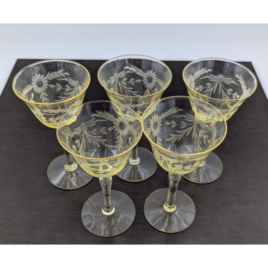 Vintage Liquor Cordials Yellow Etched Floral Sherry Wine Glasses Set of 5
