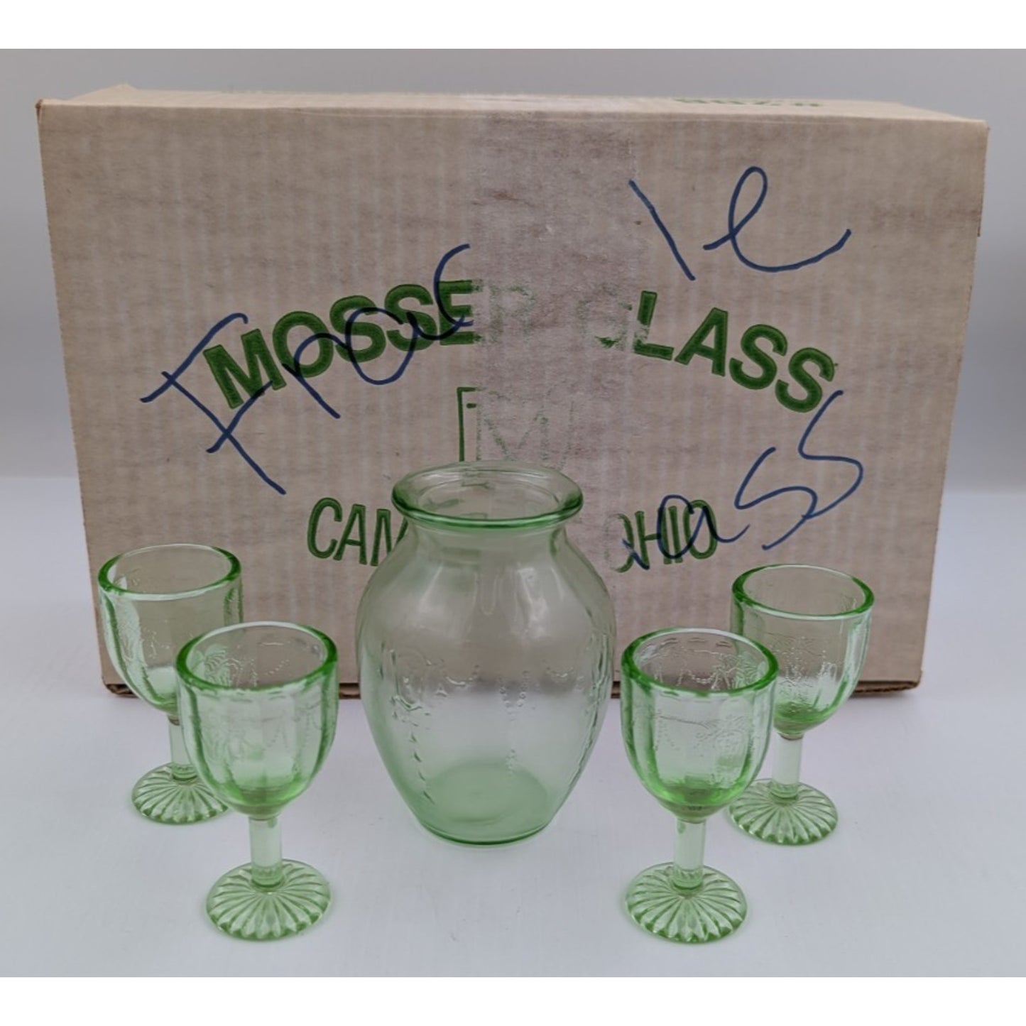Vintage Mosser Green Glass Miniature Jennifer Set #8 - Vase and Stem Glasses