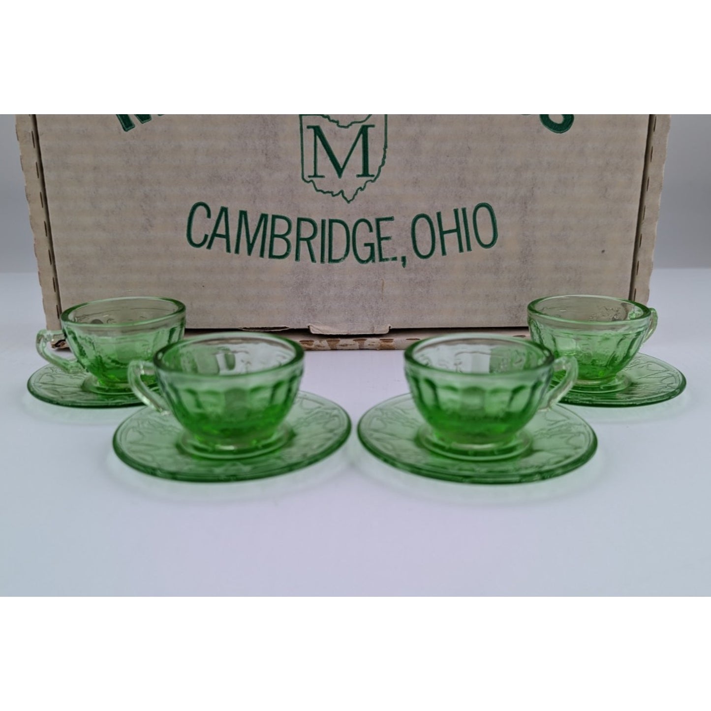 Vintage Mosser Green Glass Miniature Jennifer Set #2 - 4 Tea Cups & Saucers