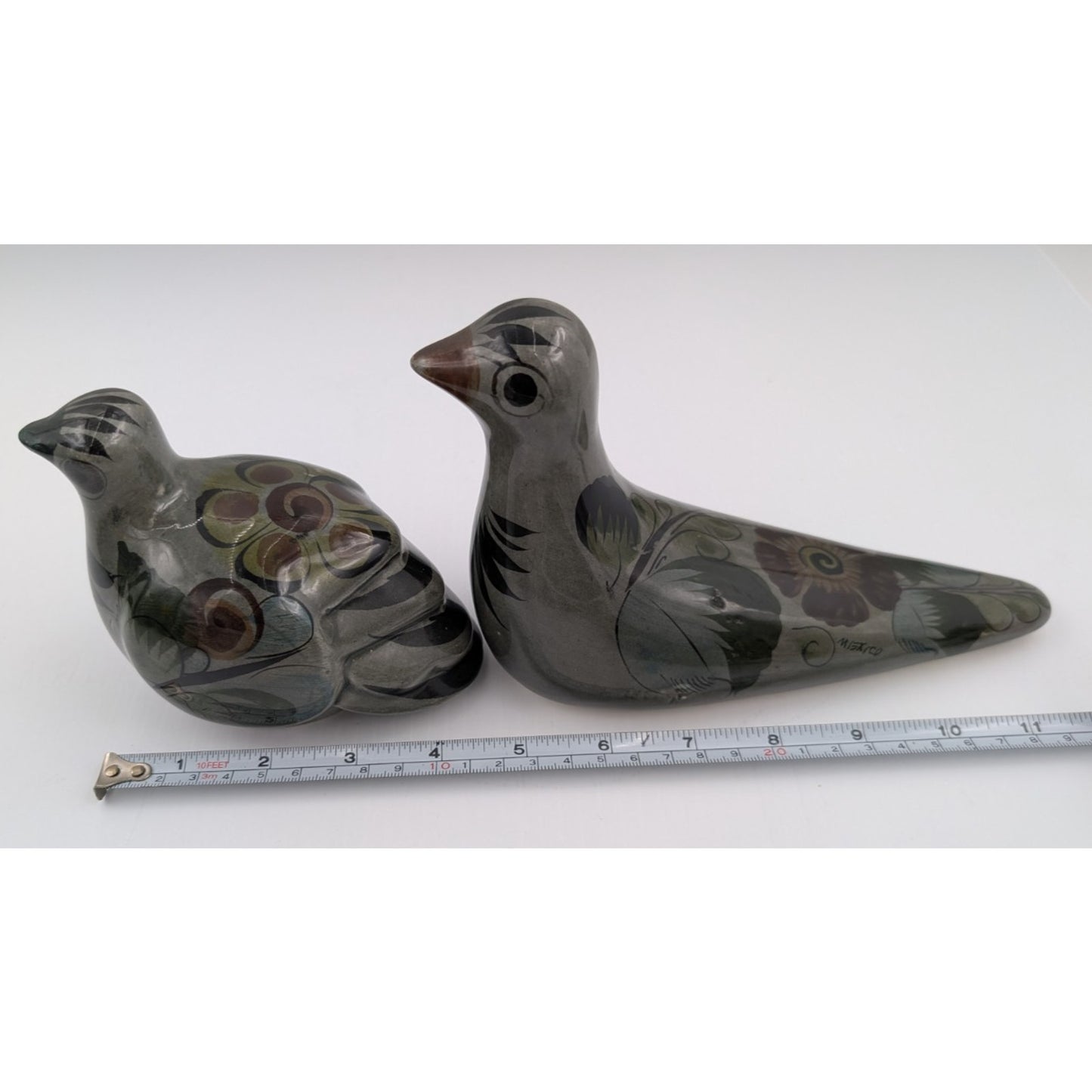 Vintage Mexican Pottery Bird Figurines Hand Painted Folk Art Birds Set of 2