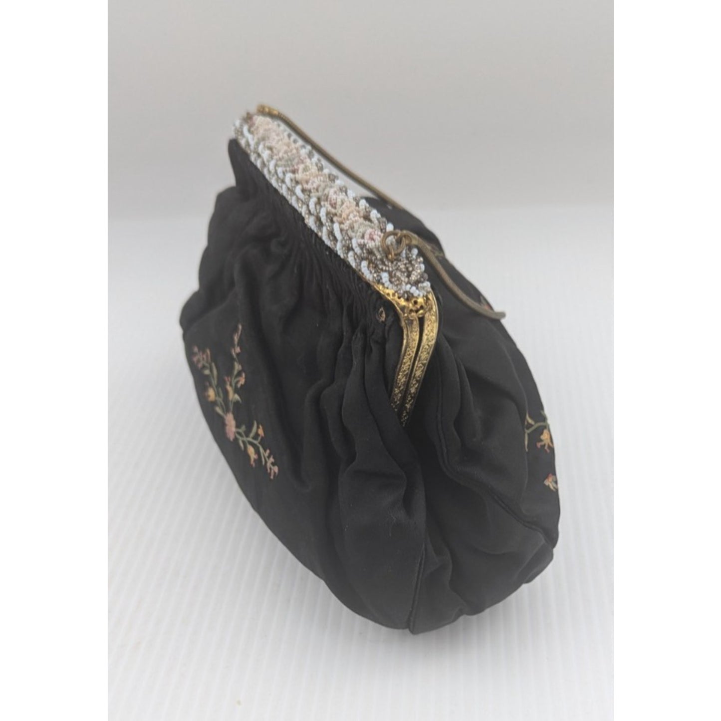 French Chunn Embroidered Evening Purse Handmade With Powder Compact As Is