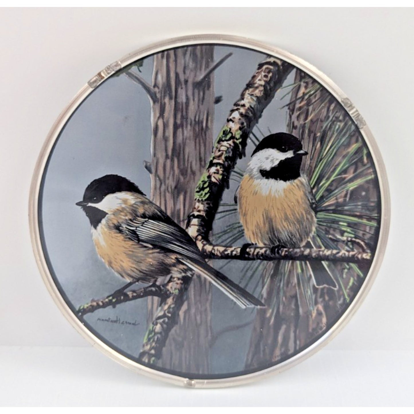 Glassmasters Stained Glass Art Sun Catcher Red Pine & Chickadees J. Hautman
