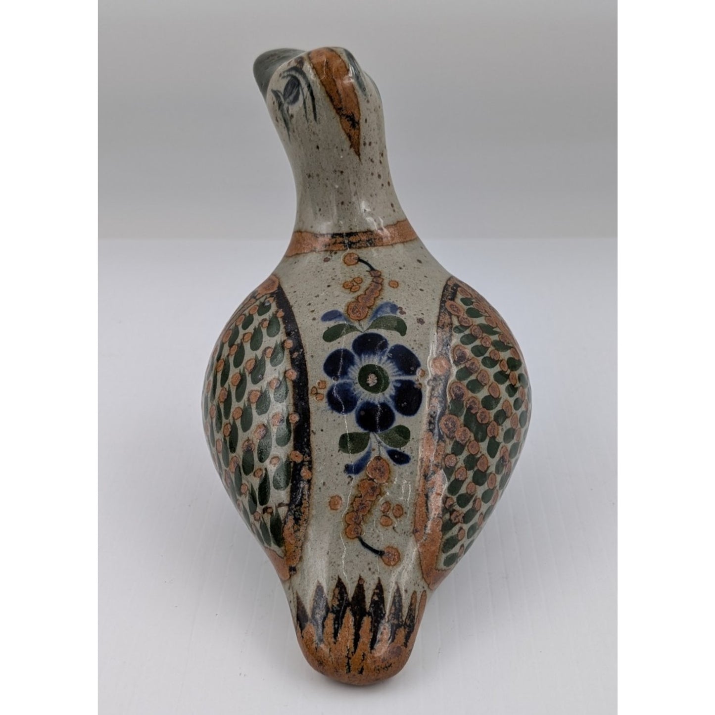 Vintage Tonala Mexico Pottery Bird Figurine Hand Painted Folk Art Signed 5-3/4"