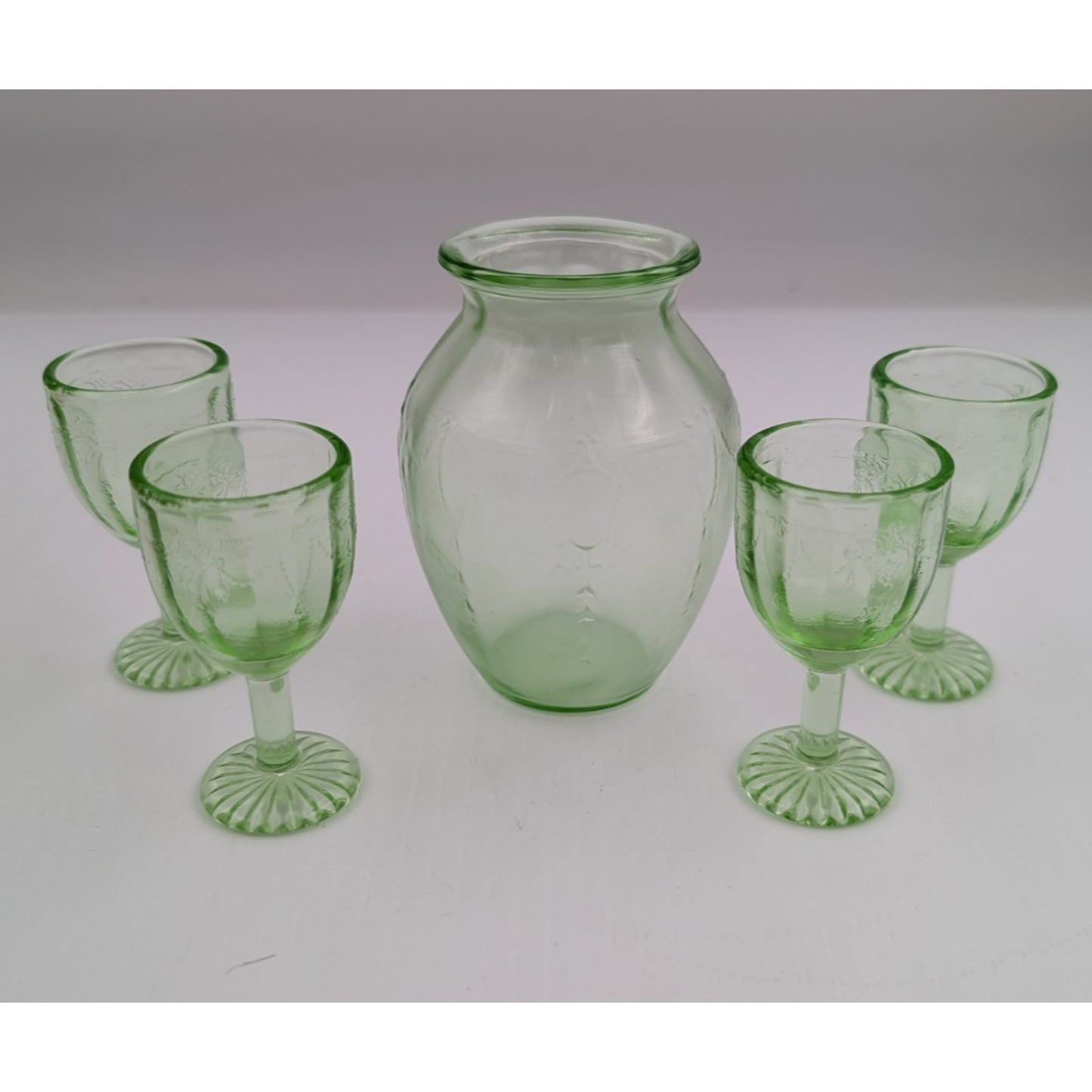 Vintage Mosser Green Glass Miniature Jennifer Set #8 - Vase and Stem Glasses