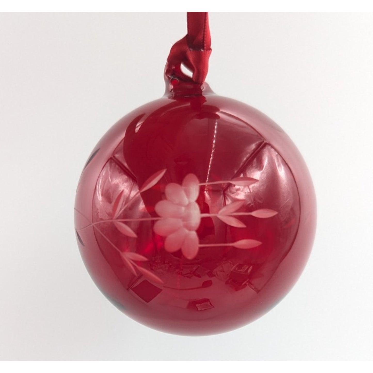 Princess House Heritage Red Hand Blown Etched Floral Crystal Glass Ornament