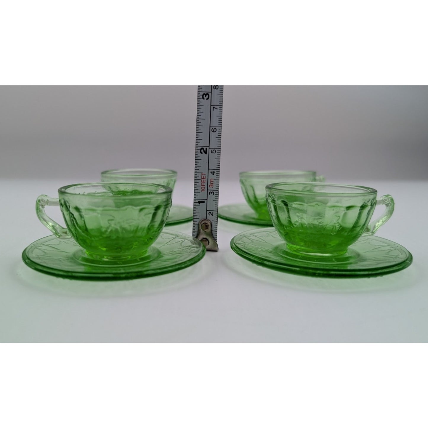 Vintage Mosser Green Glass Miniature Jennifer Set #2 - 4 Tea Cups & Saucers