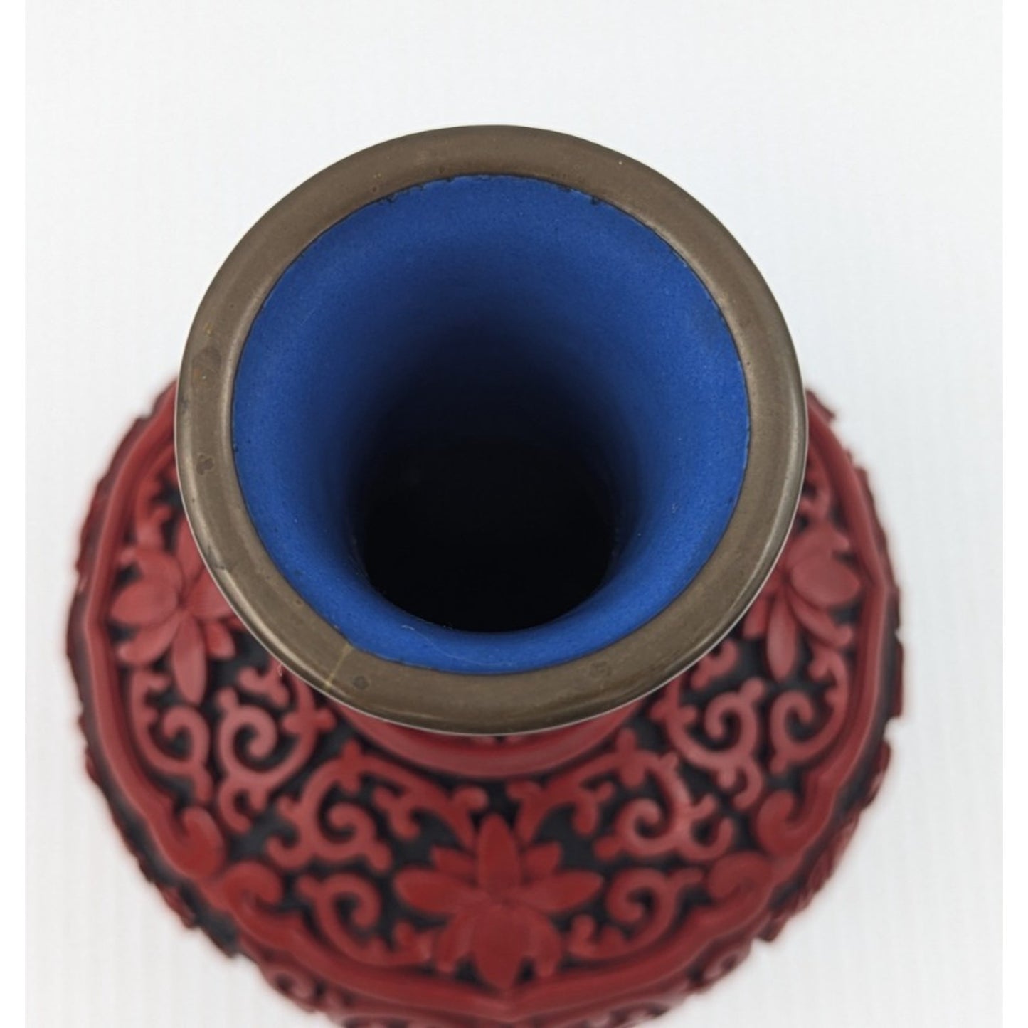 Vintage Chinese Cinnabar Lacquered Vase Red Black 8" Brass & Blue Enamel