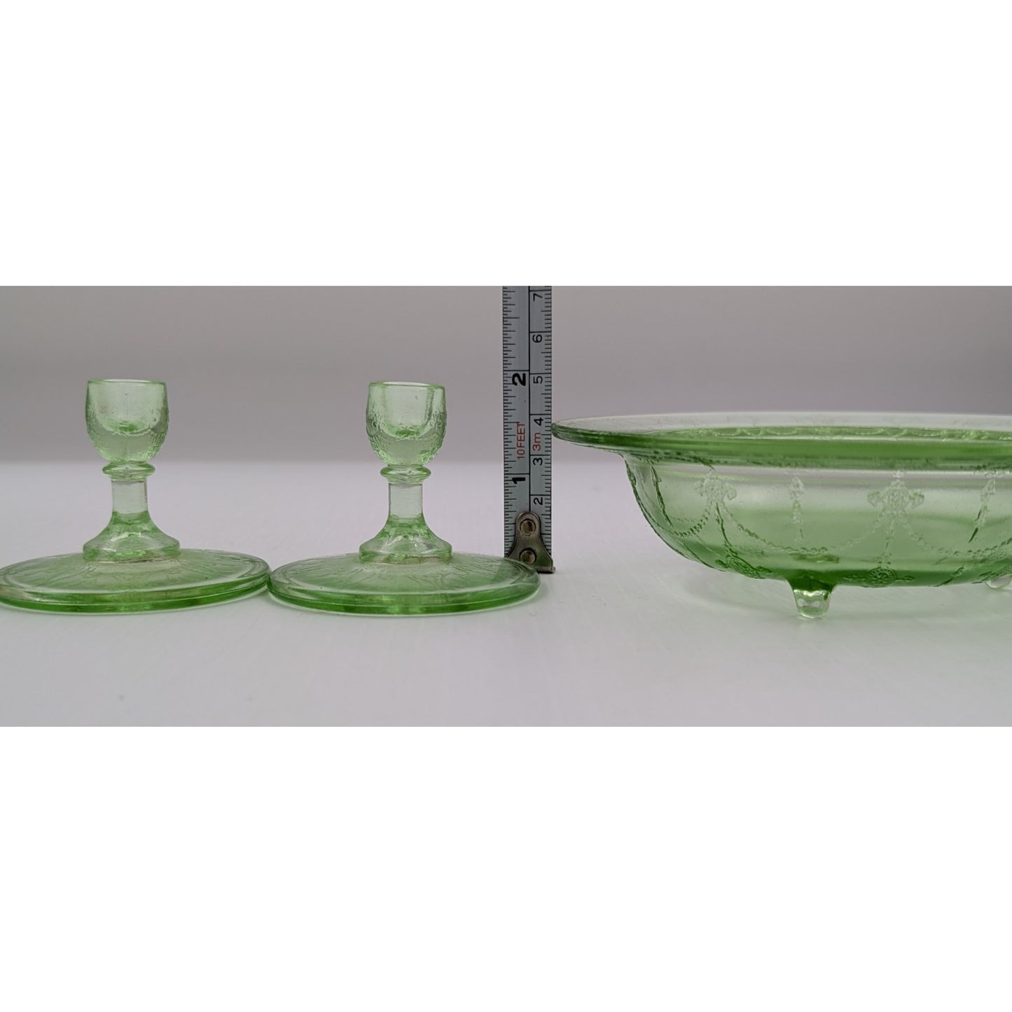 Vintage Mosser Green Glass Miniature Jennifer Set #6 - Bowl and Candlesticks