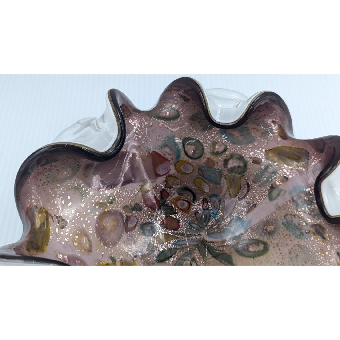 Vintage Hand Blown Murano Tutti Frutti Cased Glass Bowl Ruffled 9"