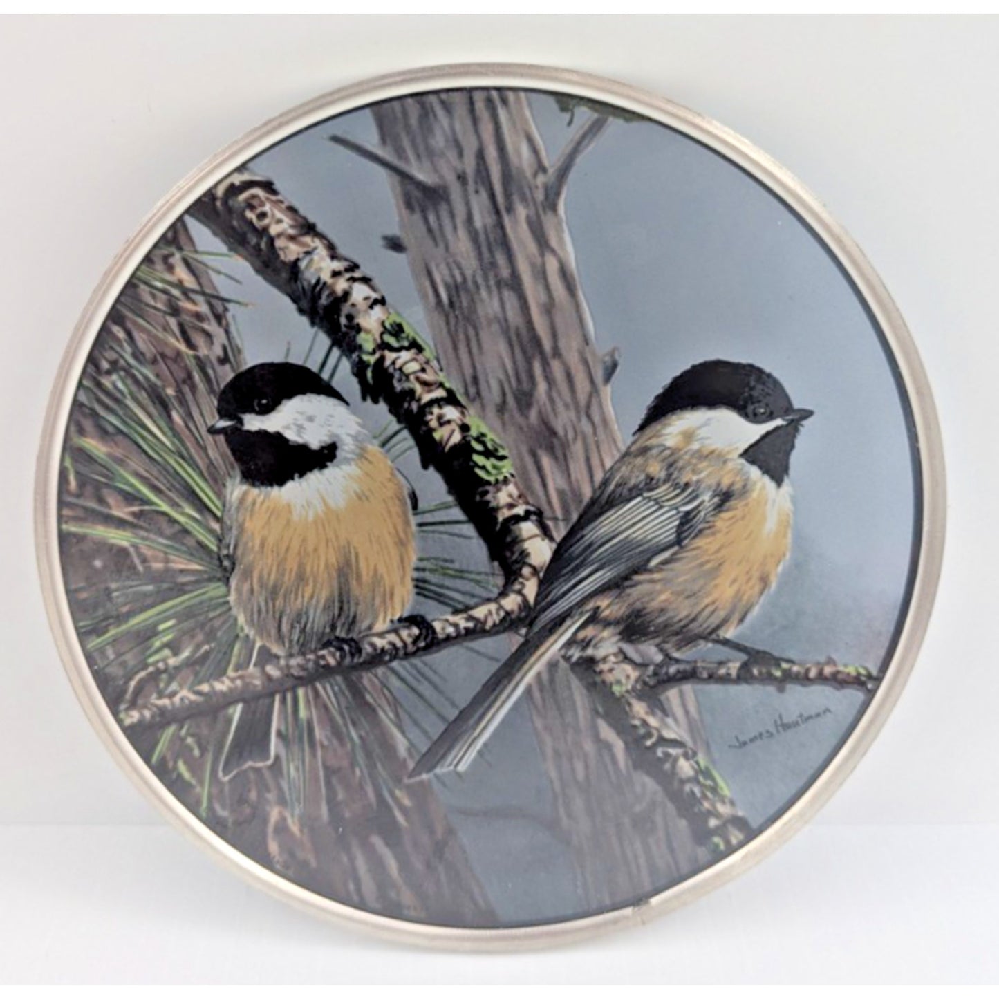 Glassmasters Stained Glass Art Sun Catcher Red Pine & Chickadees J. Hautman
