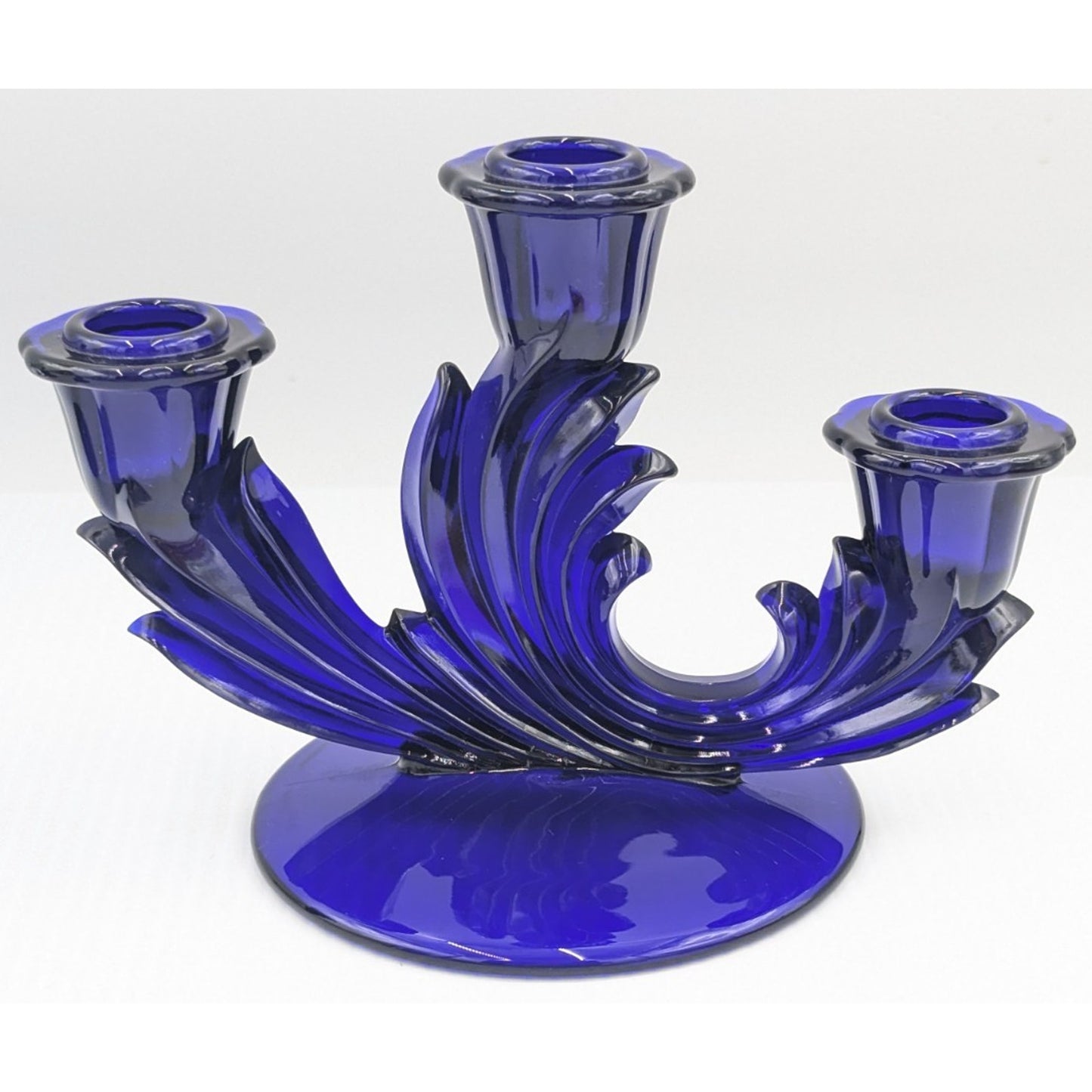 Fostoria Glass Baroque Regal Blue Cobalt 3 Light Candlestick Set of 2 Rare #2496