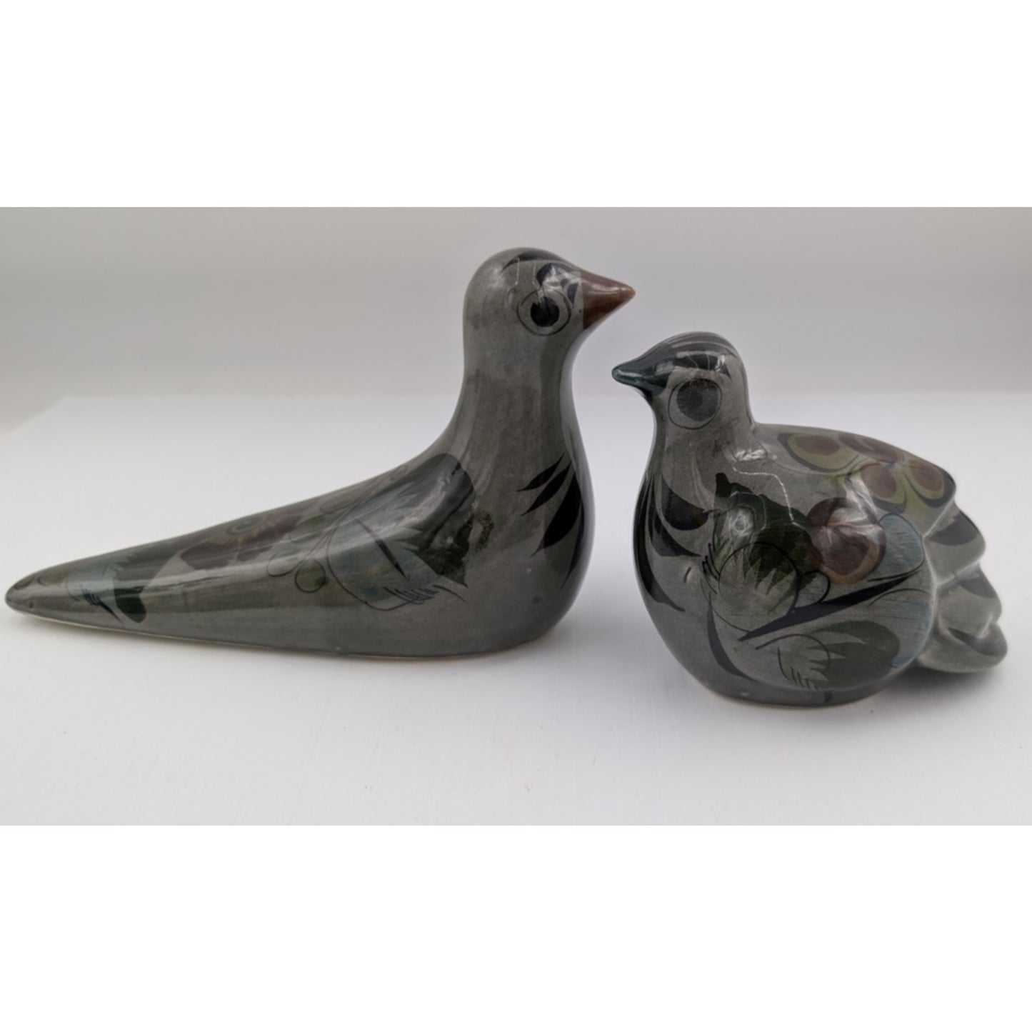 Vintage Mexican Pottery Bird Figurines Hand Painted Folk Art Birds Set of 2