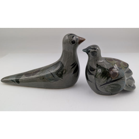 Vintage Mexican Pottery Bird Figurines Hand Painted Folk Art Birds Set of 2