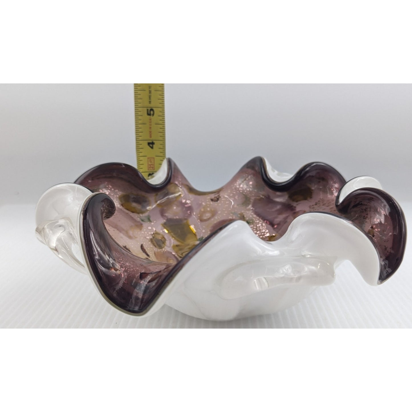 Vintage Hand Blown Murano Tutti Frutti Cased Glass Bowl Ruffled 9"