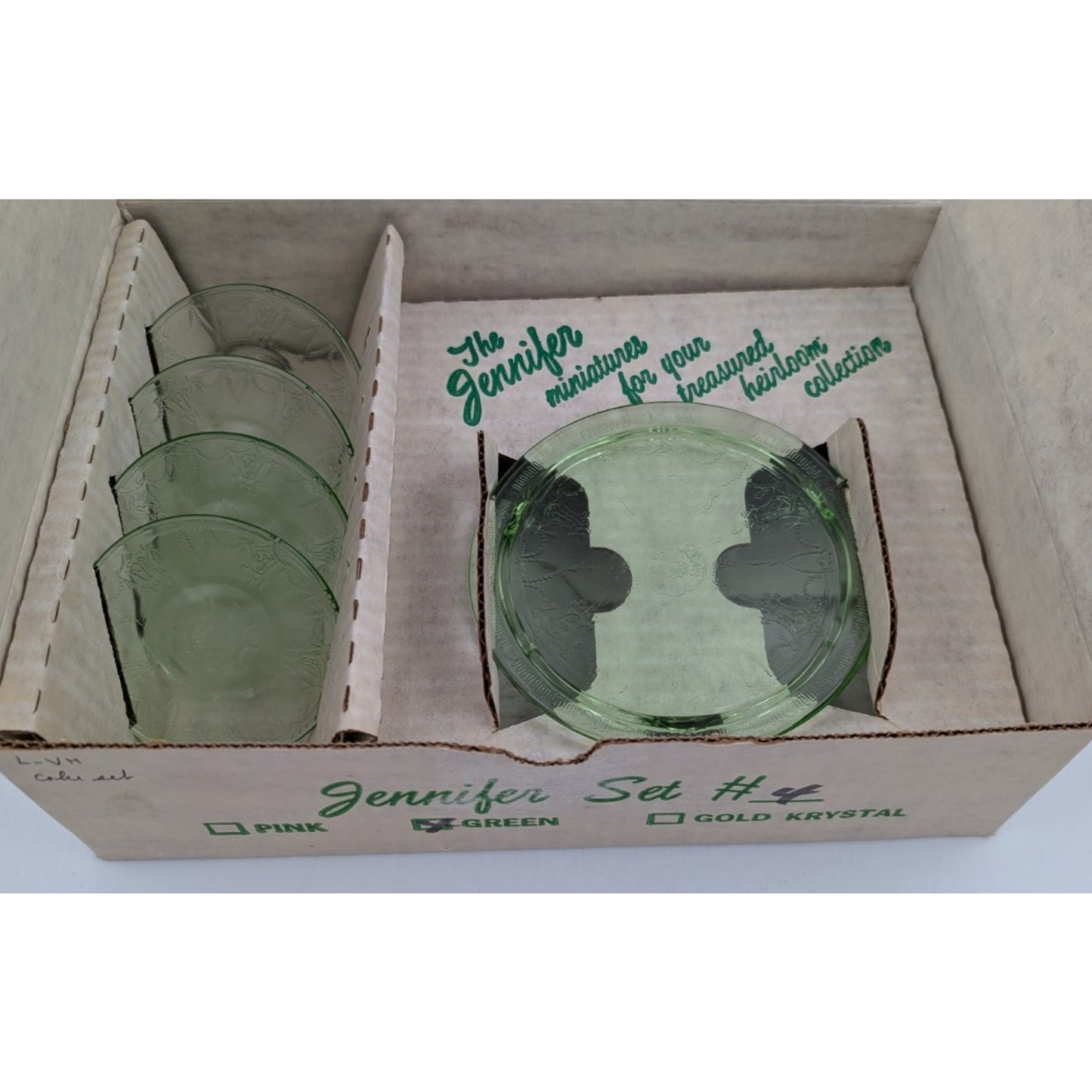 Vintage Mosser Green Glass Miniature Jennifer Set #4 - Cake Plate Dessert Set