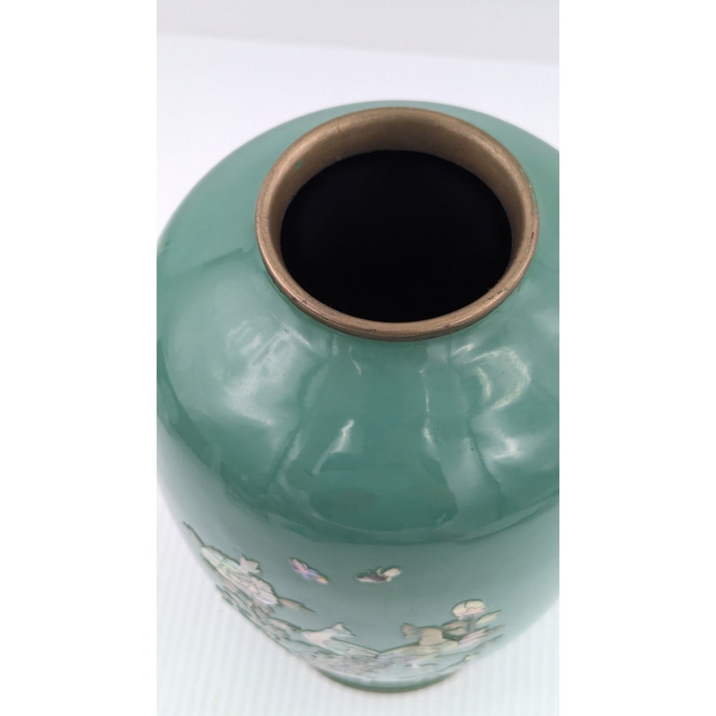 Green Enamel Brass Cloisonne Mother of Pearl Flower Bird Inlay Vase 10" Vintage