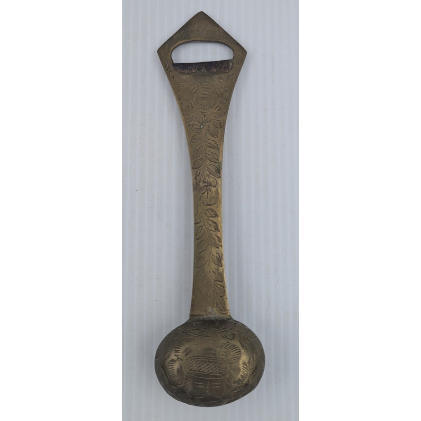 Vintage Brass Bell Bottle Opener Ornate Bar Tool Etched 8" Long